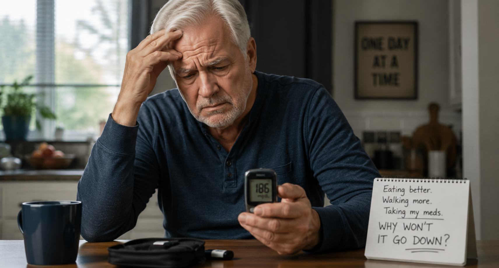 older man concerned checking blood sugar levels at home