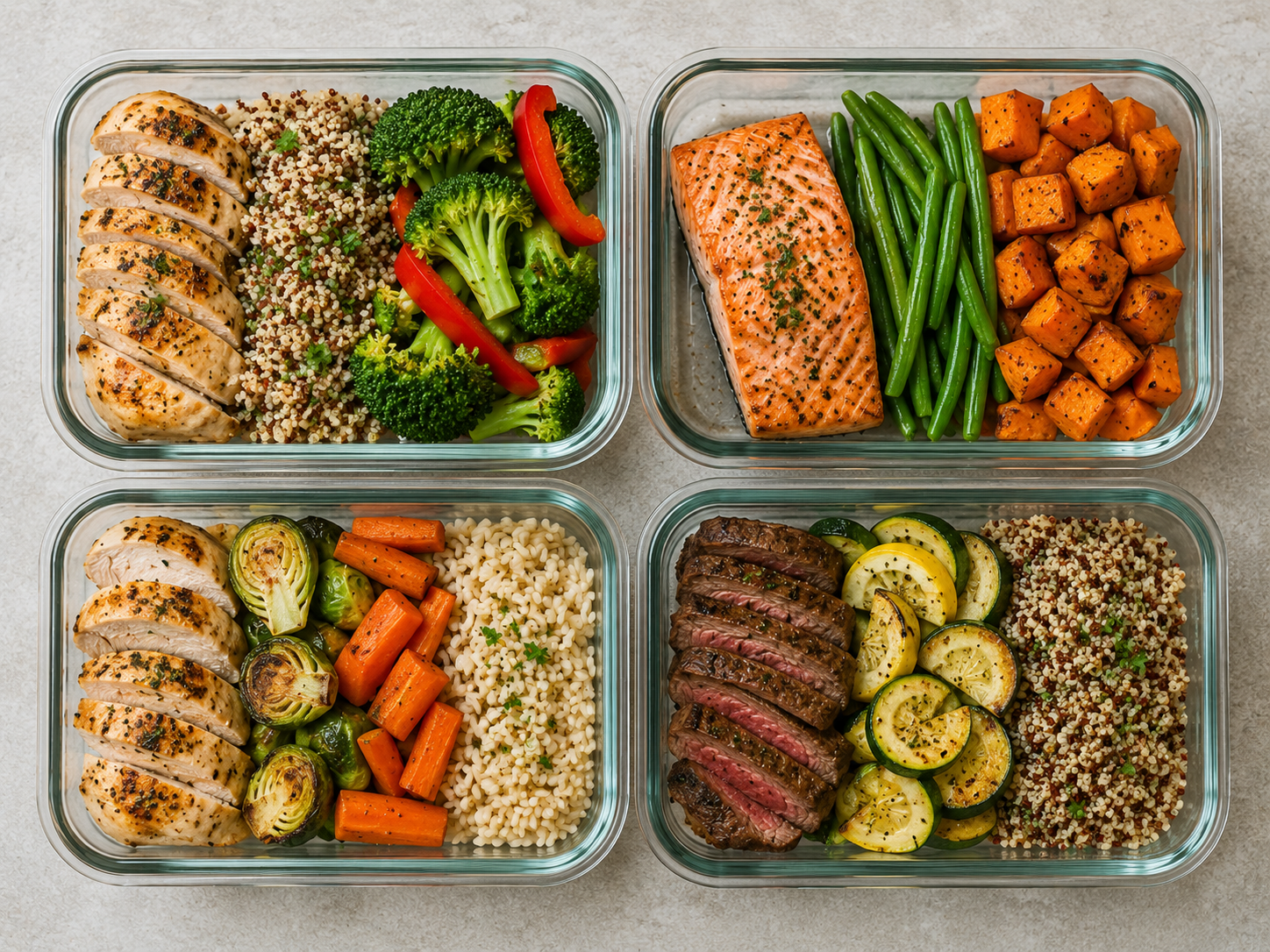 meal prep containers with healthy vegetables and protein for diabetic diet